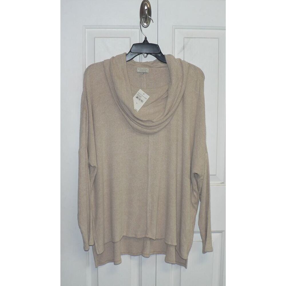 Status by Chenault Women's Center Seam Ribbed Cowl Neck Sweater in Oatmeal M $78